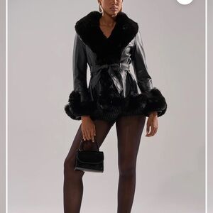 AKIRA Black Leather Jacket with Faux Fur Trim